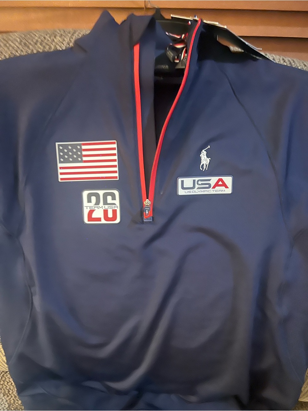Polo by Ralph Lauren Navy USA Quarter-Zip Performance Jacket with Red Trim